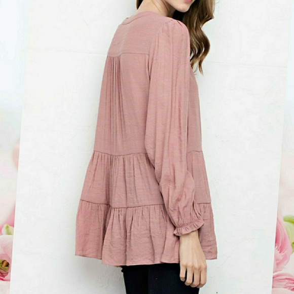 Boho Peasant Rose Tunic Top with Lace Up Neck - Picture 2 of 7